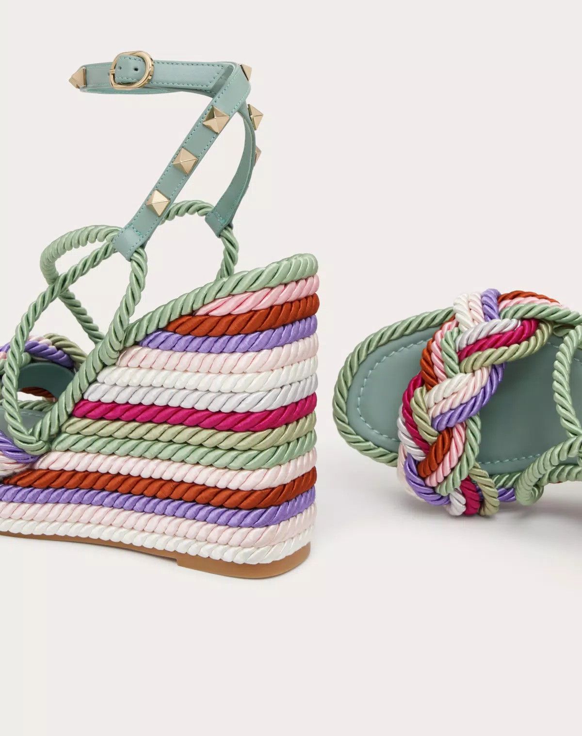 Valentino o1s1wg111125 Rockstud Wedge Sandals Silk Torchon Multicolor Size US 6 / IT 36 - 4 Thumbnail