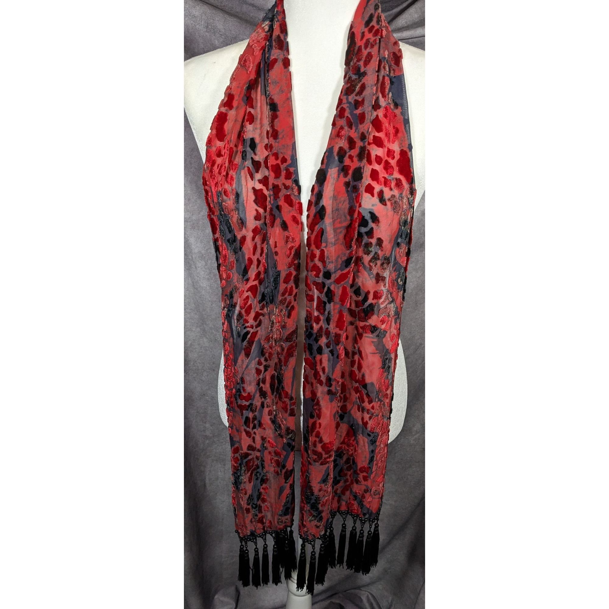 Other Gothic Red And Black Abstract Velvet Burnout Beaded Fringe S Size ONE SIZE - 3 Thumbnail