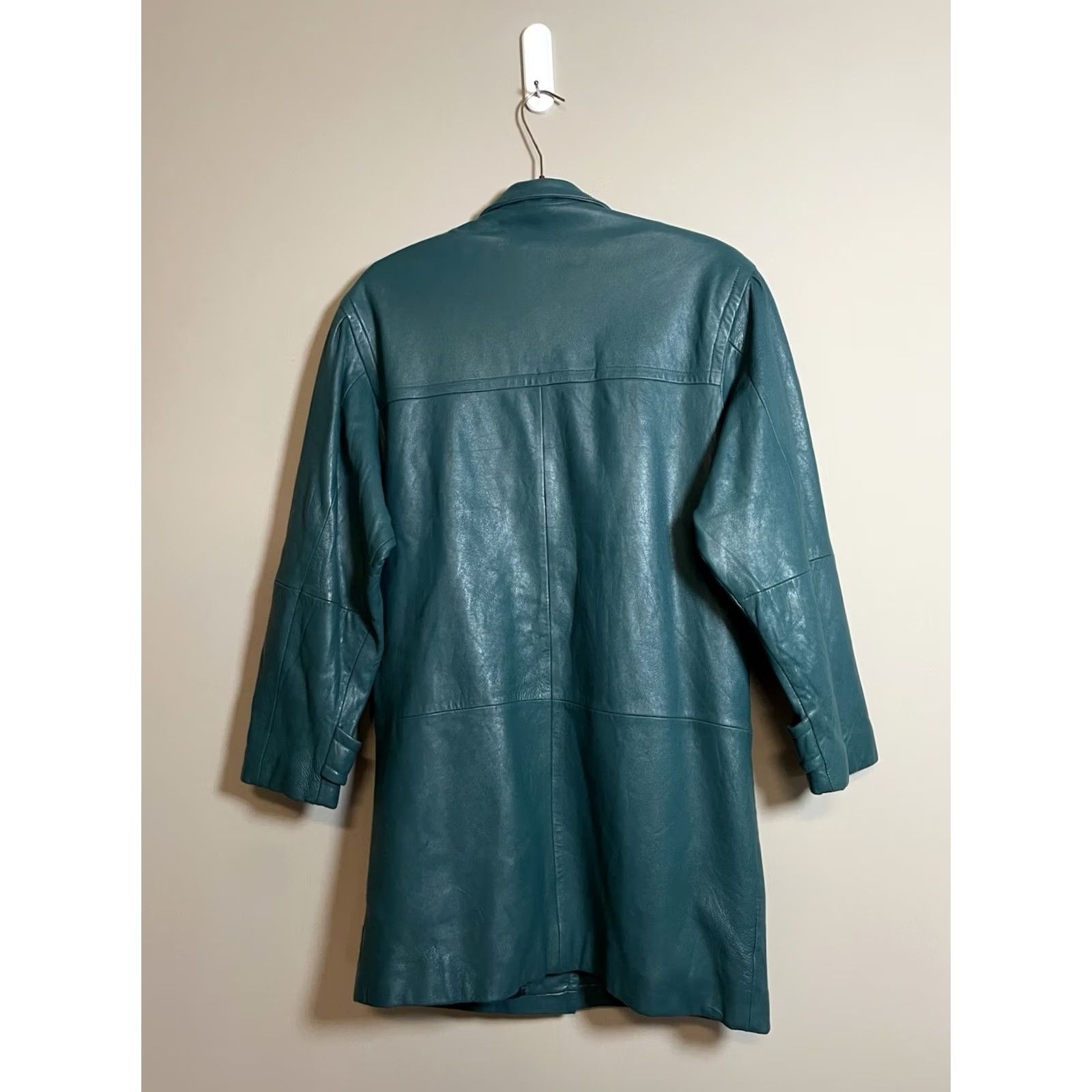 Ferrari Jacqueline Ferrari Leather Green Trench Coat Womens M Grunge Goth Coat Long Sleeve Button Embroidered Fall Winter 34" Size M / US 6-8 / IT 42-44 - 8 Thumbnail