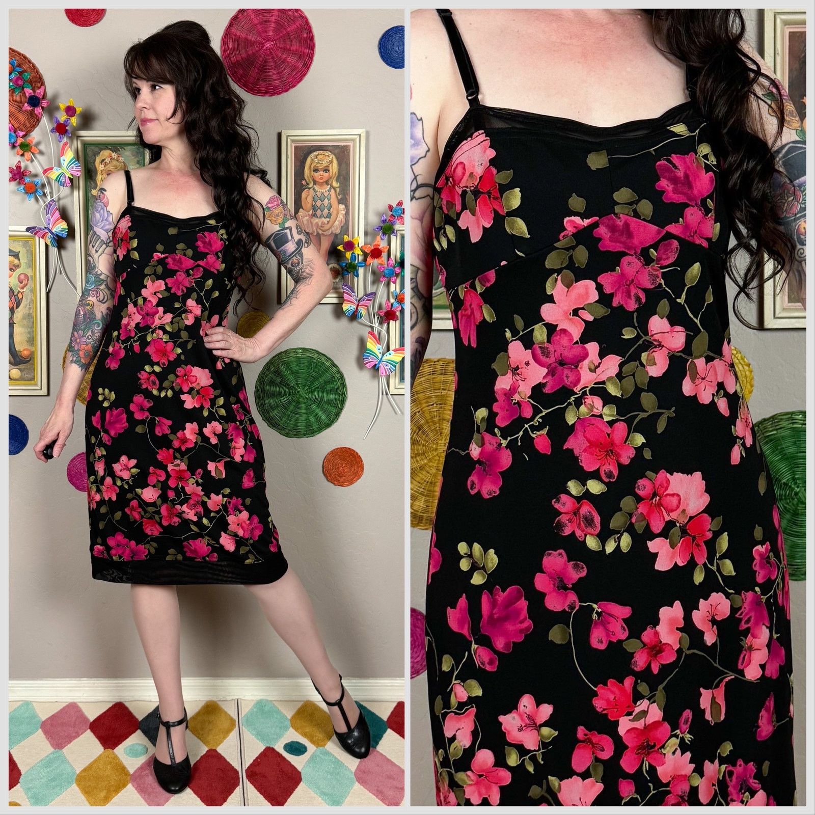 Vintage Vintage 1990s Black and Pink Floral Sleeveless Slipdress Size M / US 6-8 / IT 42-44 - 1 Thumbnail