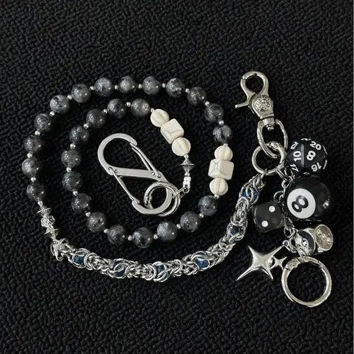 Jewelry Black Beaded Chain Wallet Keychain with Dice Charms Size ONE SIZE - 1 Thumbnail