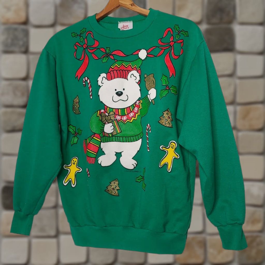 Vintage VINTAGE Jane Colby Christmas Bear Sweatshirt Green M Regular Womens Long Sleeve Glitter Knit Pullover CAD 20.5" Chest Holiday Bear Christmas (Winter) Size M / US 6-8 / IT 42-44 - 1 Thumbnail