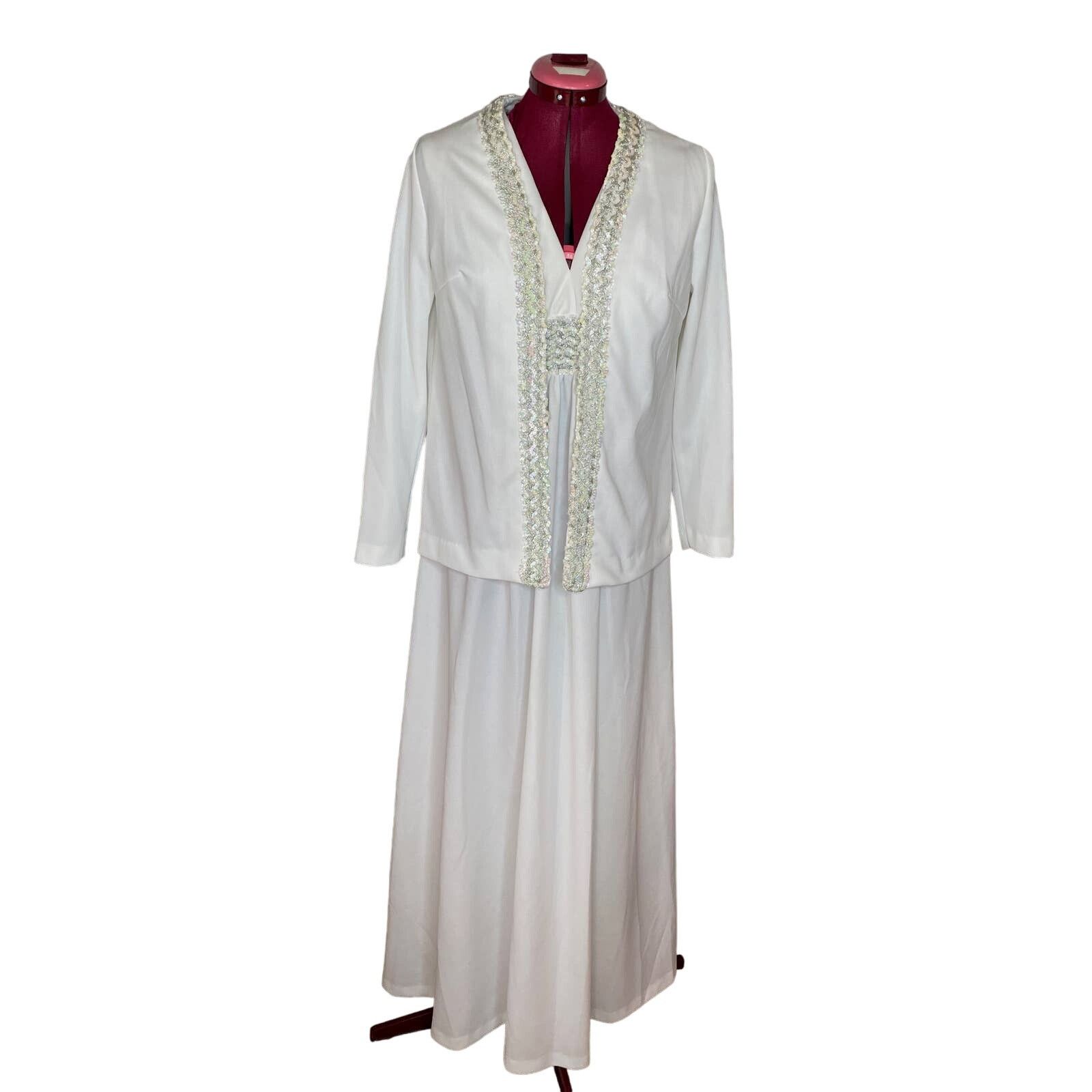 Vintage wedding dress jacket white silver V neck Vintage 1970’s sz s Size S / US 4 / IT 40 - 2 Thumbnail