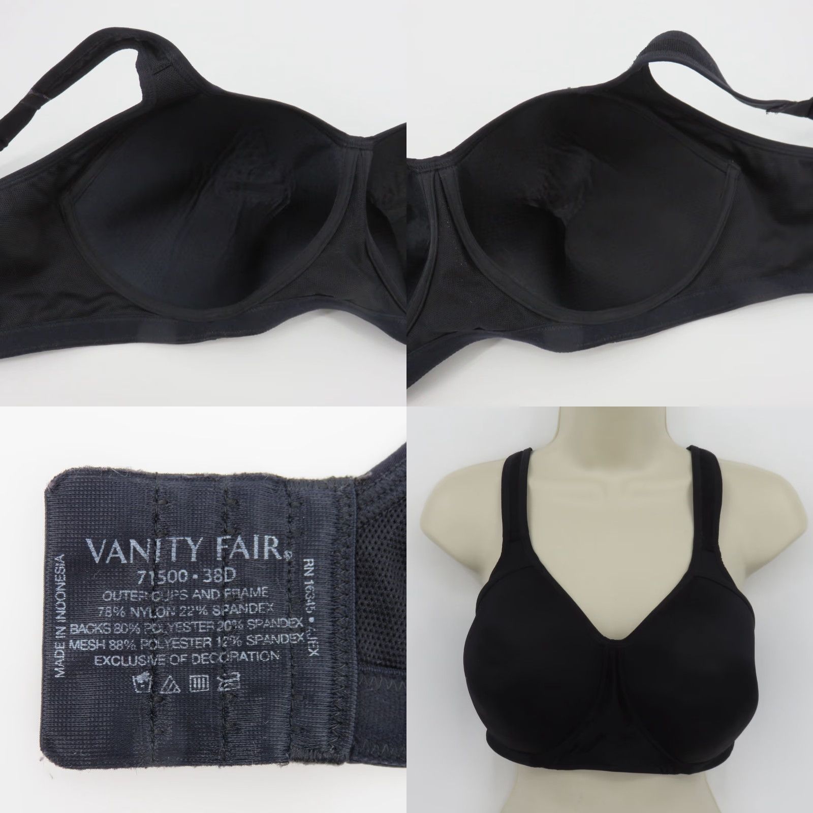 Vintage Vanity Fair Sport Bra 38D Black Wireless Lined Full Figure 71500 Women Size ONE SIZE - 8 Thumbnail