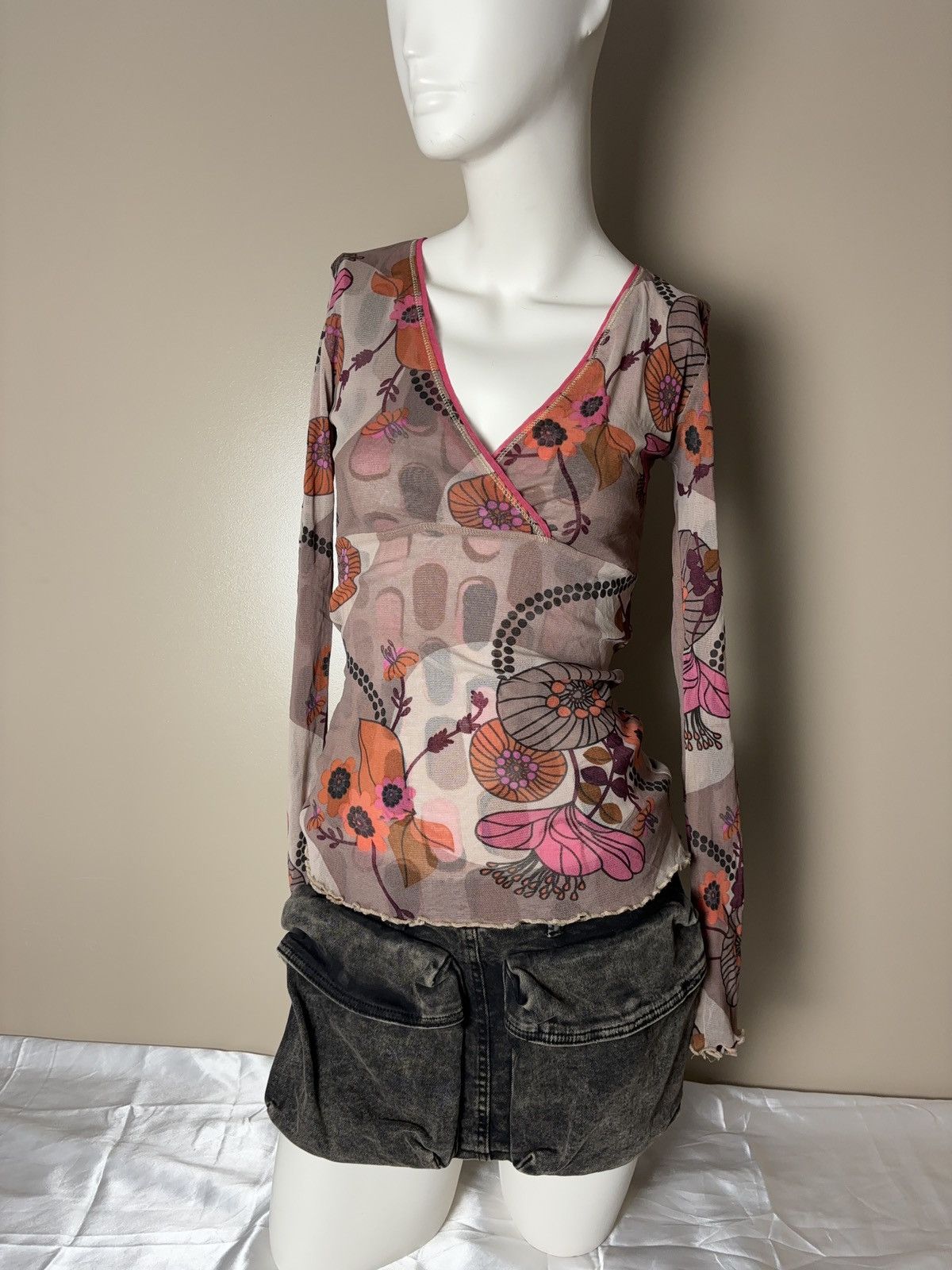 Japanese Brand × Vintage 2 Layers mesh printed vintage long sleeve top Vivienne style Size S / US 4 / IT 40 - 5 Thumbnail