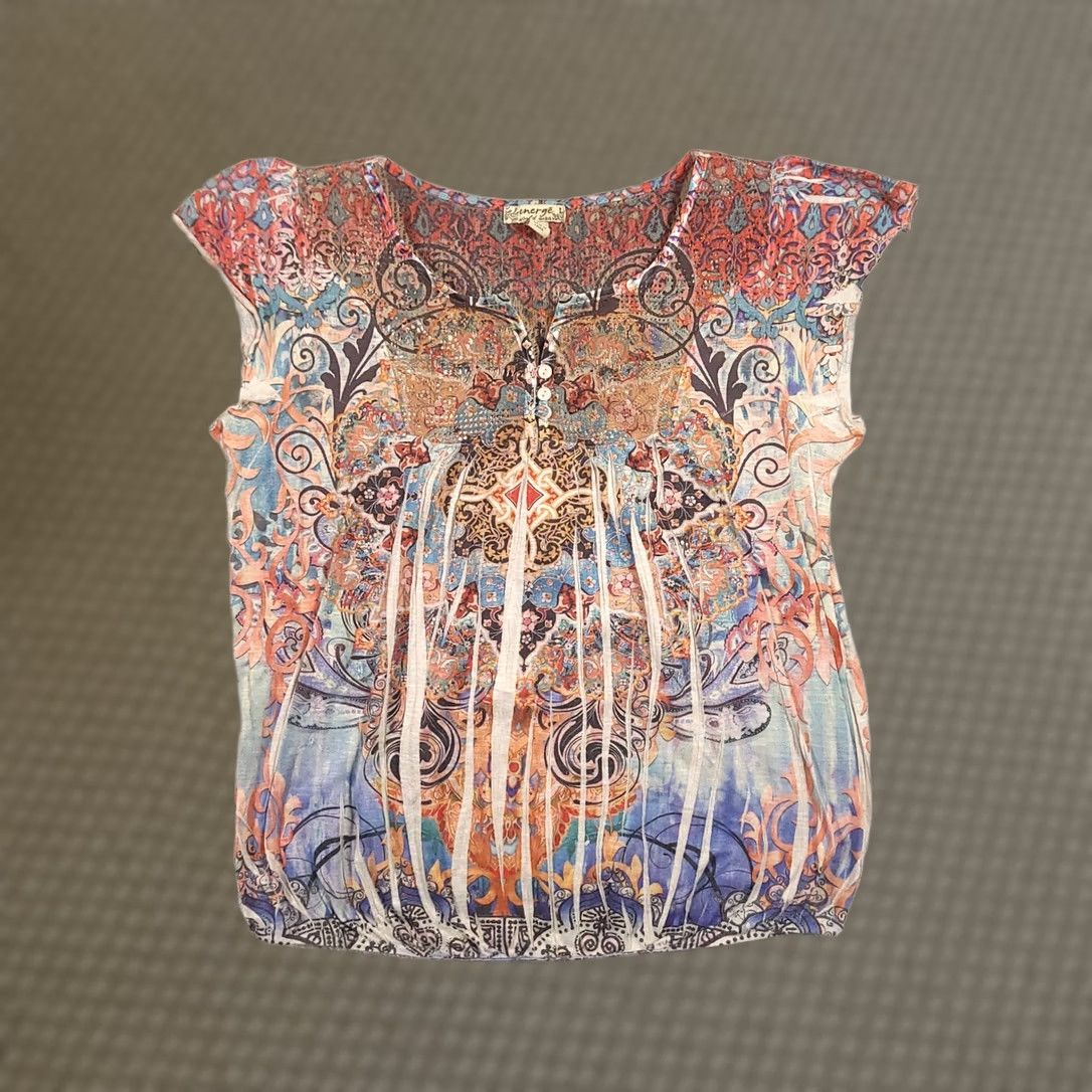 Vintage Energe World Wear Shirt Women's Large Floral Boho Henley Short Sleeve Shirt Size L / US 10 / IT 46 - 1 Thumbnail
