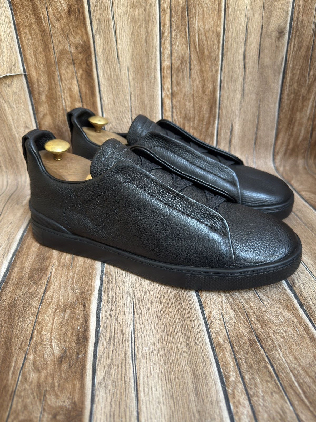 Ermenegildo Zegna x Z Zegna Triple Stitch Leather Trainers Shoes in Black, Men's (Size 9)