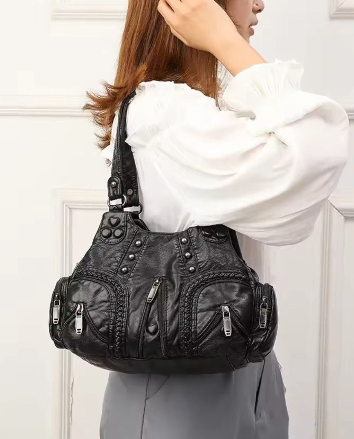Japanese Brand PU Leather Handbag - Zippered Detail, Crossbody&Shoulder Bag Size ONE SIZE - 3 Thumbnail