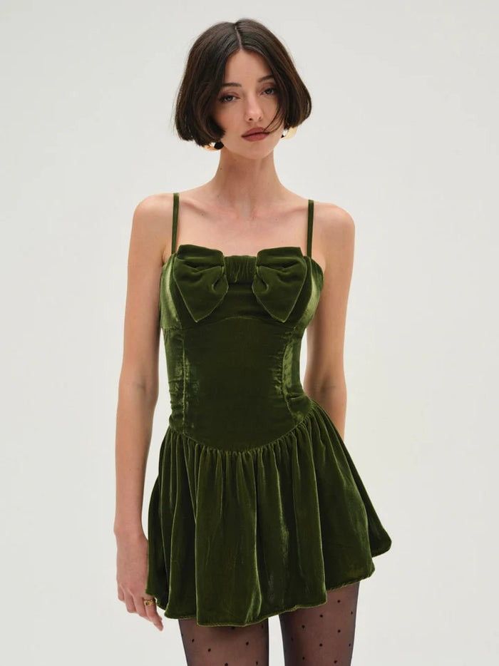 For Love & Lemons For Love & Lemons MARTINI OLIVE VELVET MINI DRESS size L Size L / US 10 / IT 46 - 1 Thumbnail