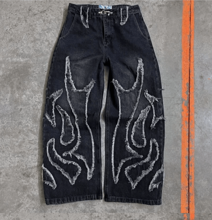 Japanese Brand Geometric Pattern Patch Black Old Baggy Jeans Size US 32 / EU 48 - 1 Thumbnail