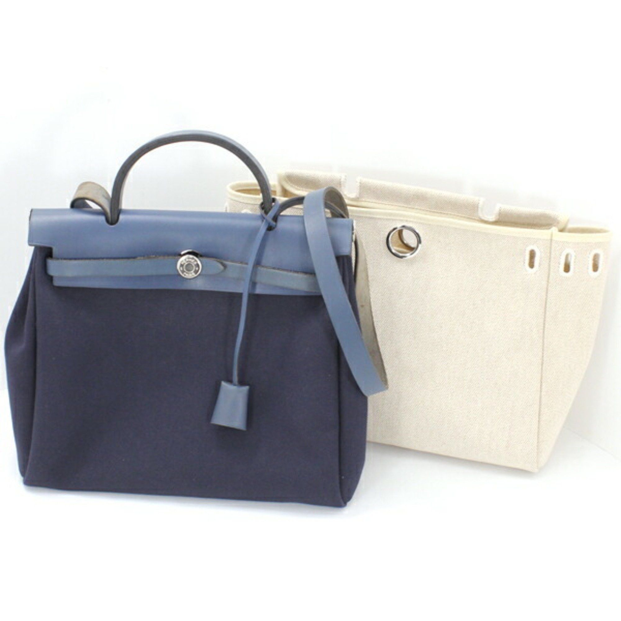 image of Hermes Airbag Pm 2Way Handbag Shoulder Bag Navy Natural Leather Toile Officier Men's Women's Aa1150