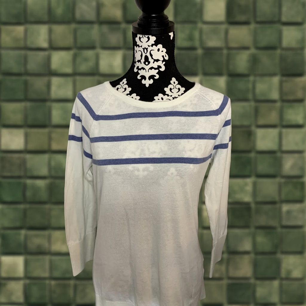 Nautica Nautica Women’s Knit Long Sleeve Sweater Top M Ivory/Blue, 100% Cotton, Striped, Round Neck, Pullover, Pre Owned, Regular Size, Womens Size M / US 6-8 / IT 42-44 - 1 Thumbnail