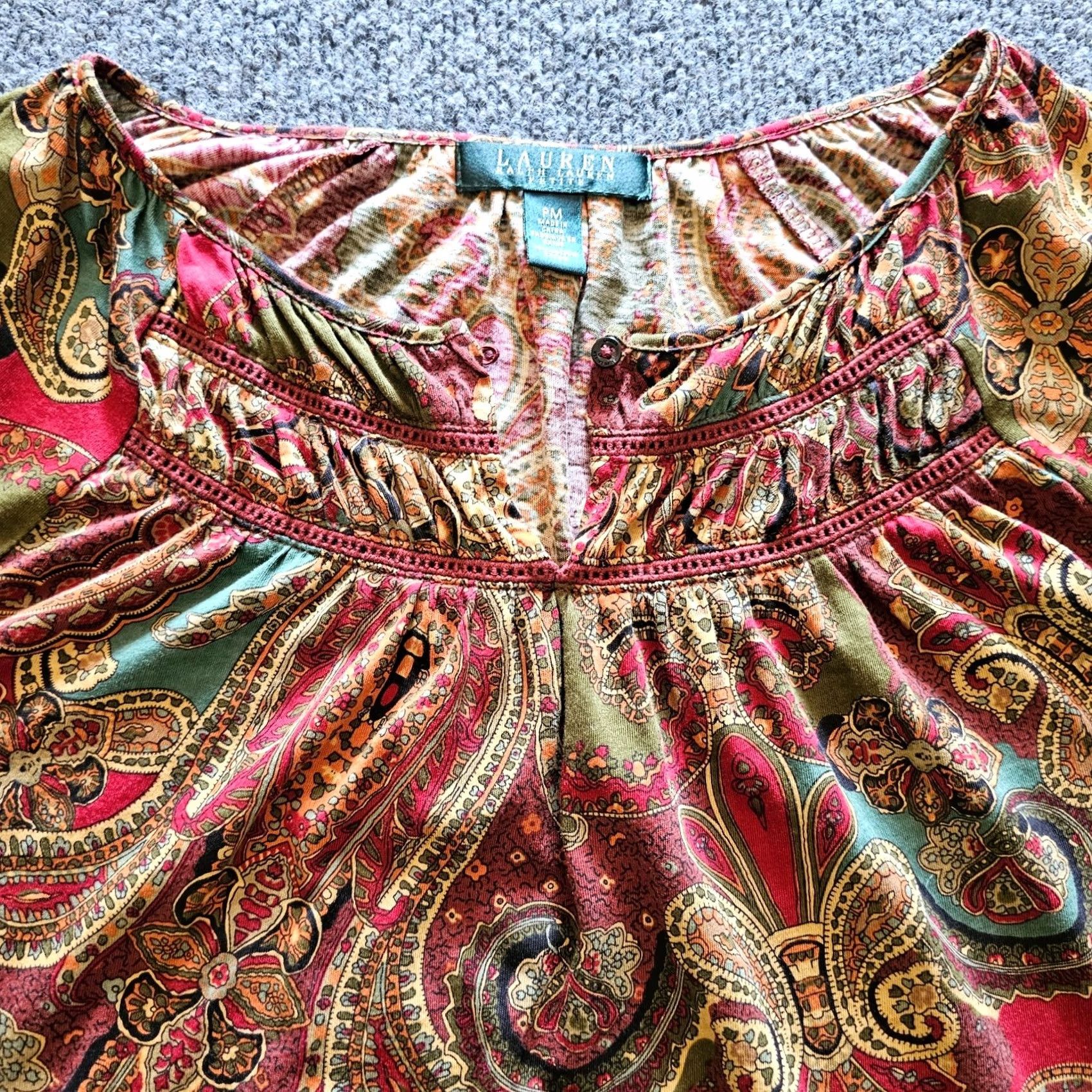 Ralph Lauren Lauren Ralph Lauren Top Petite Medium Red Paisley 3/4 Sleeve Blouse Womens Size M / US 6-8 / IT 42-44 - 2 Thumbnail