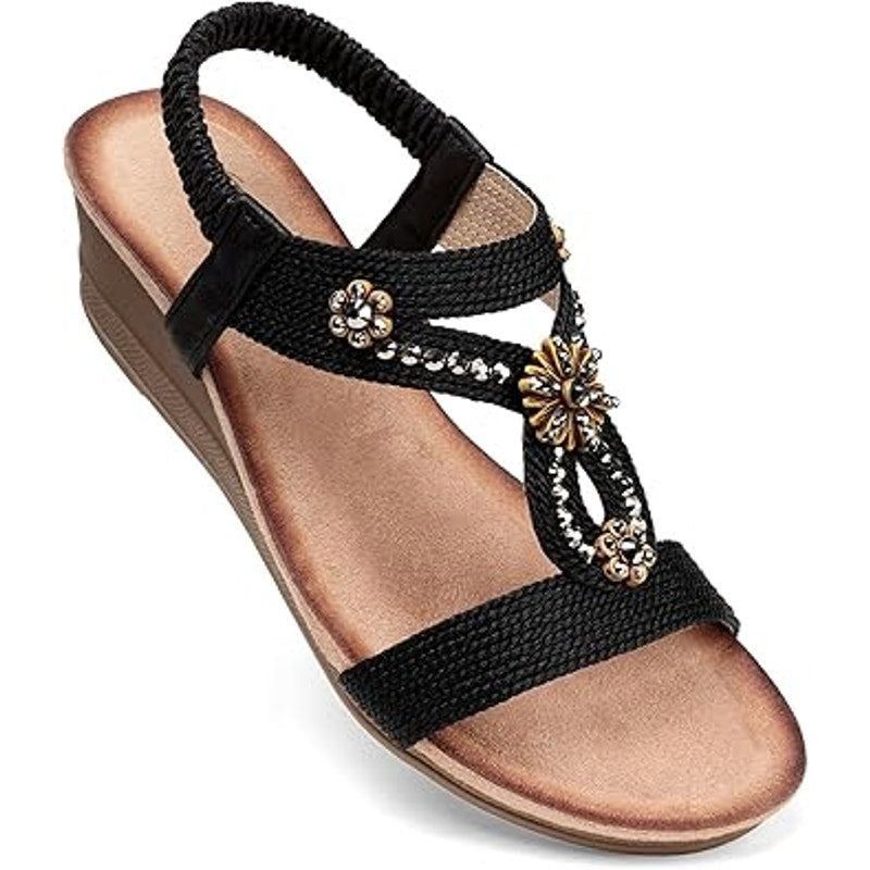 Other Shibever Women's 8.5 Black Tan Beaded Wedge Sandals Size US 8.5 / IT 38.5 - 1 Thumbnail