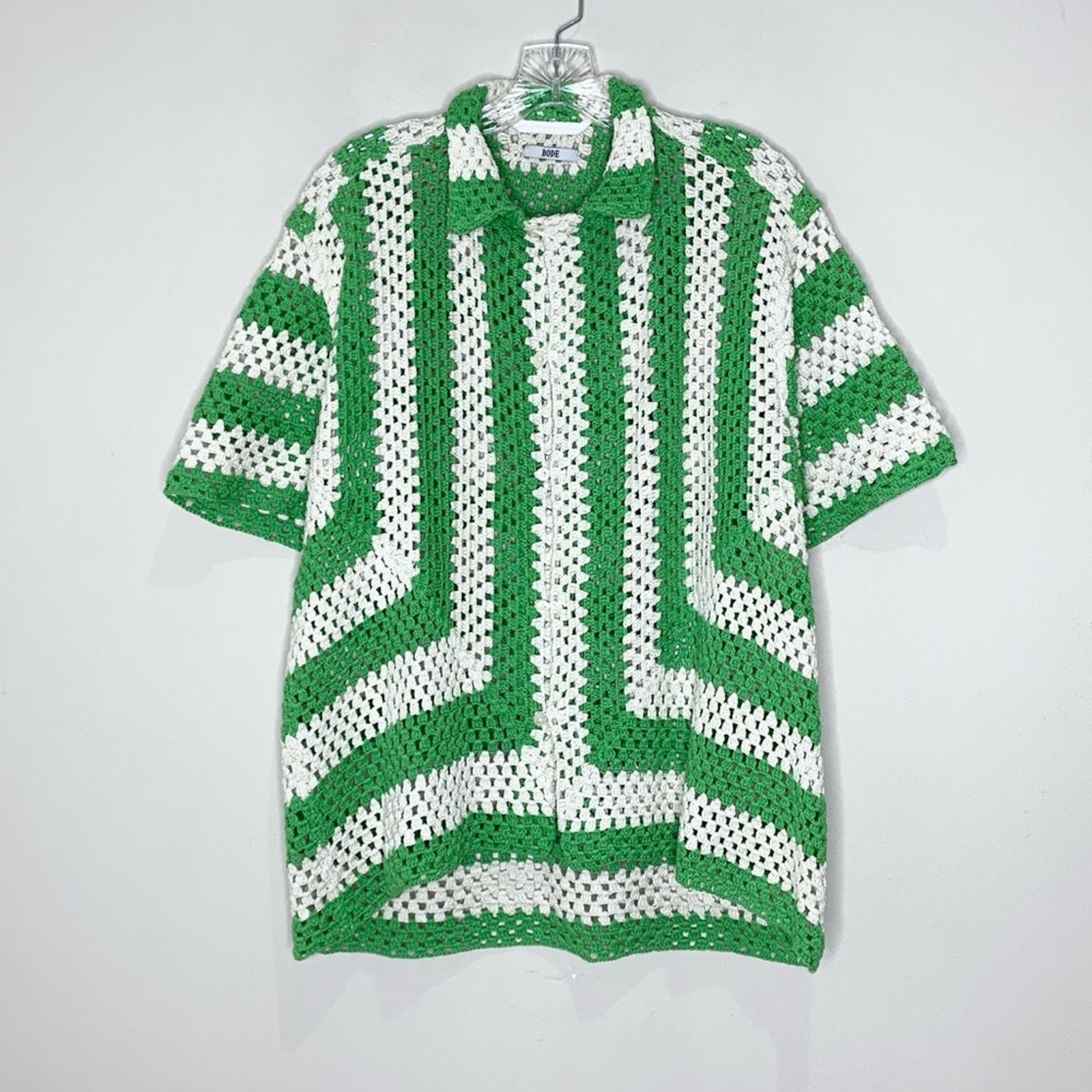 Bode Bode Crochet Shirt (Sz S/M) Flagship Striped Green Cream Size US M / EU 48-50 / 2 - 5 Thumbnail