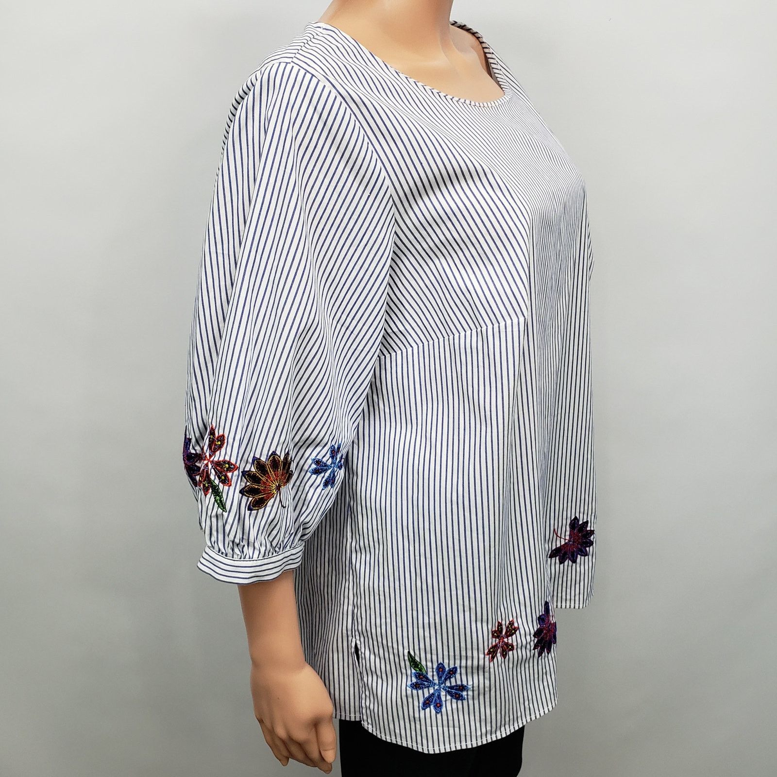 Nordstrom Eloquii Blouse Tunic Top Plus14 Pinstriped Floral Embroidery Size XL / US 12-14 / IT 48-50 - 7 Thumbnail