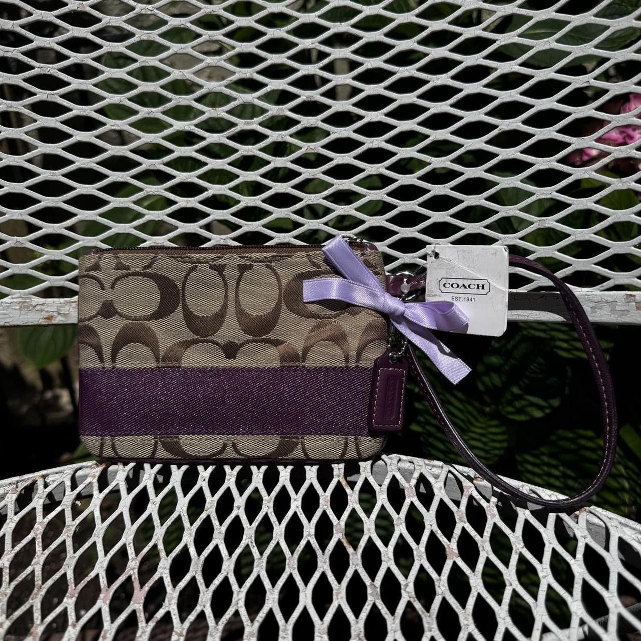 Coach NWT Coach Brown Monogramed Wristlet with Purple Stripe Size ONE SIZE - 1 Thumbnail