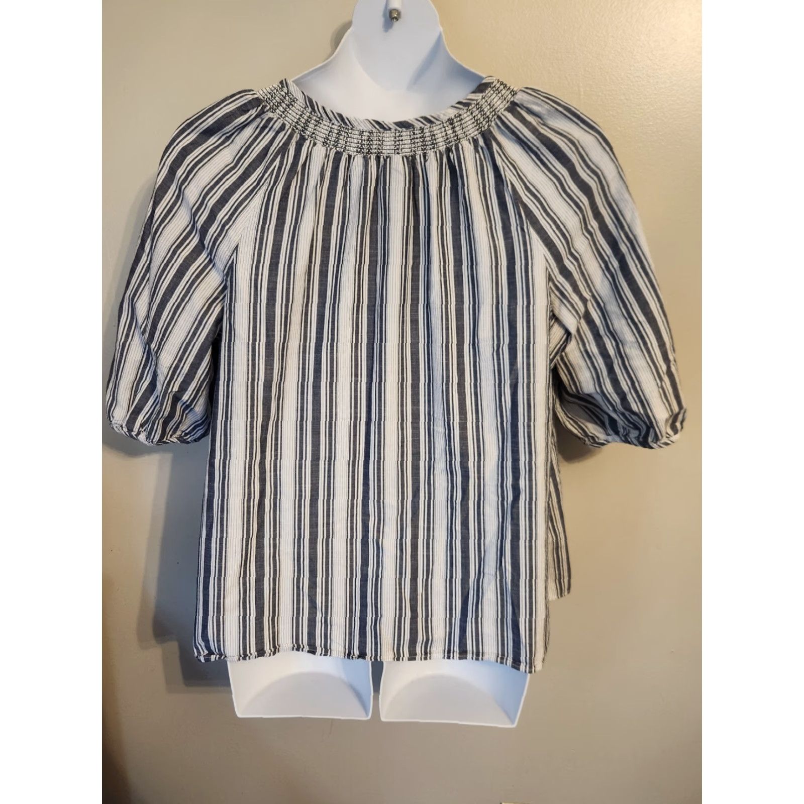 Vintage Catherines Blue White Stripe Embroidered Trim Balloon Sleeve Top Hippie Boho 0X Size XL / US 12-14 / IT 48-50 - 6 Thumbnail