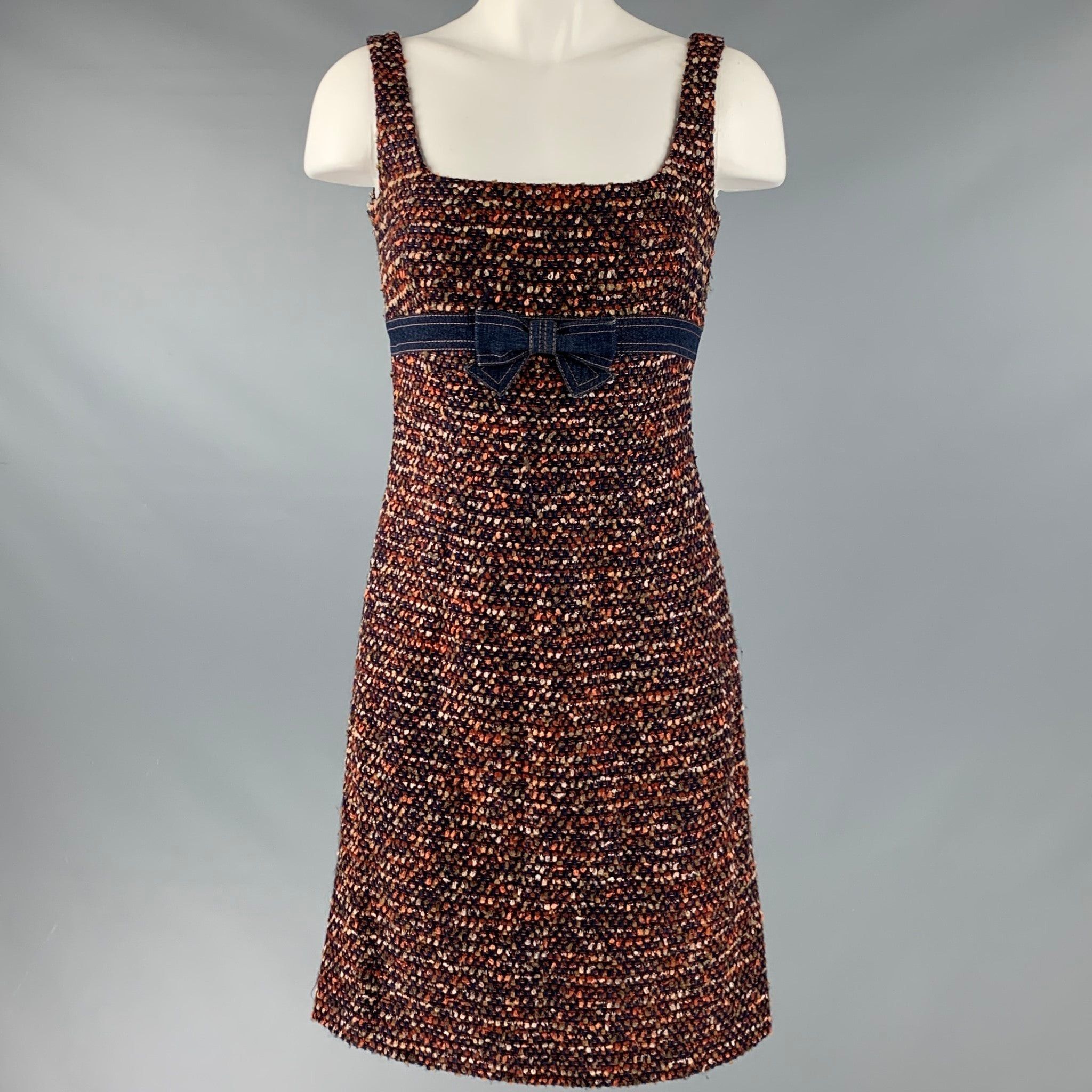 image of Escada Navy Orange Wool Blend Textured Sleeveless Dress, Women's (Size Small)