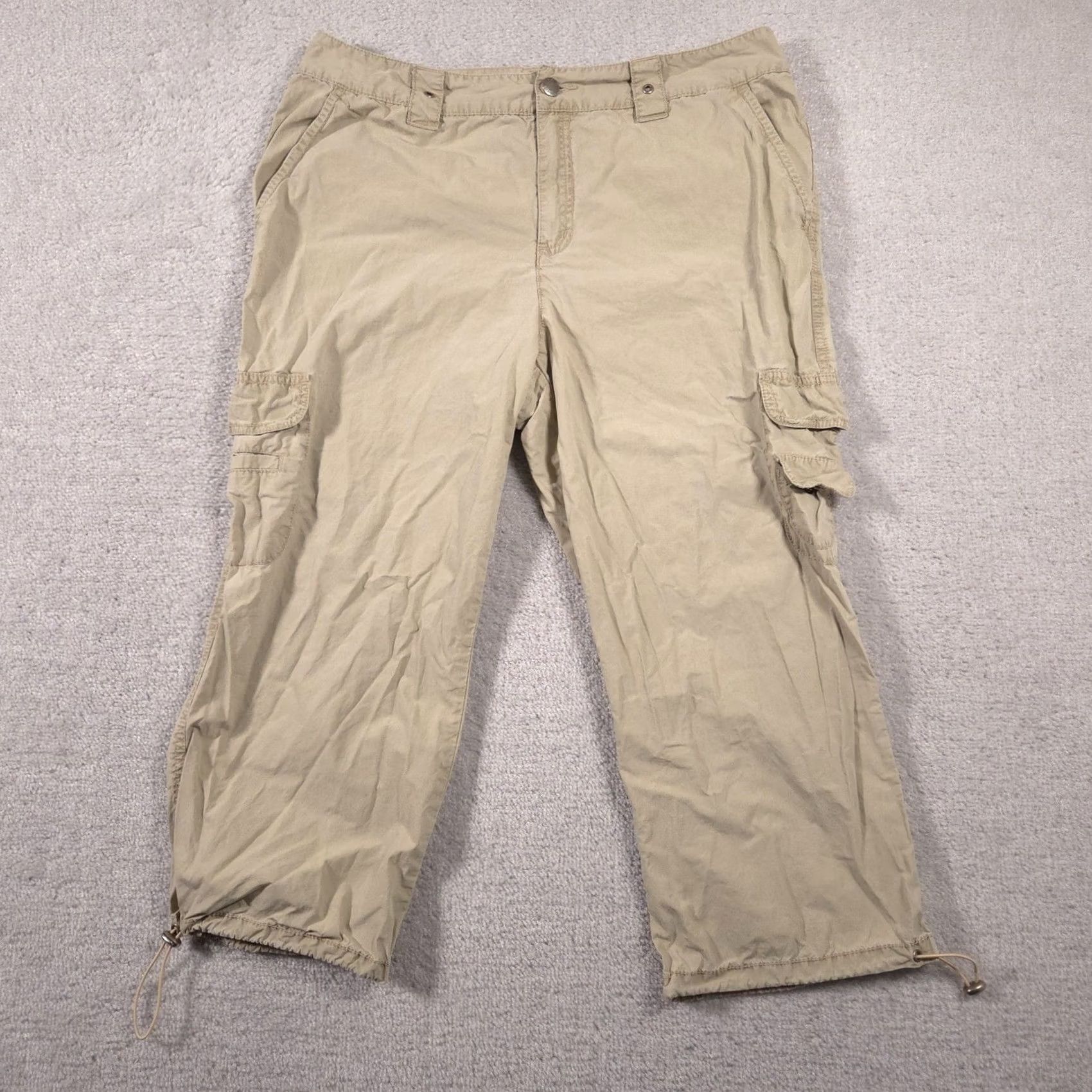 Vintage Caribbean Joe Pants Womens 12 Khaki Cargo Capri Cropped Drawstring Hem Pockets Size 34" / US 12 / IT 48 - 2 Thumbnail