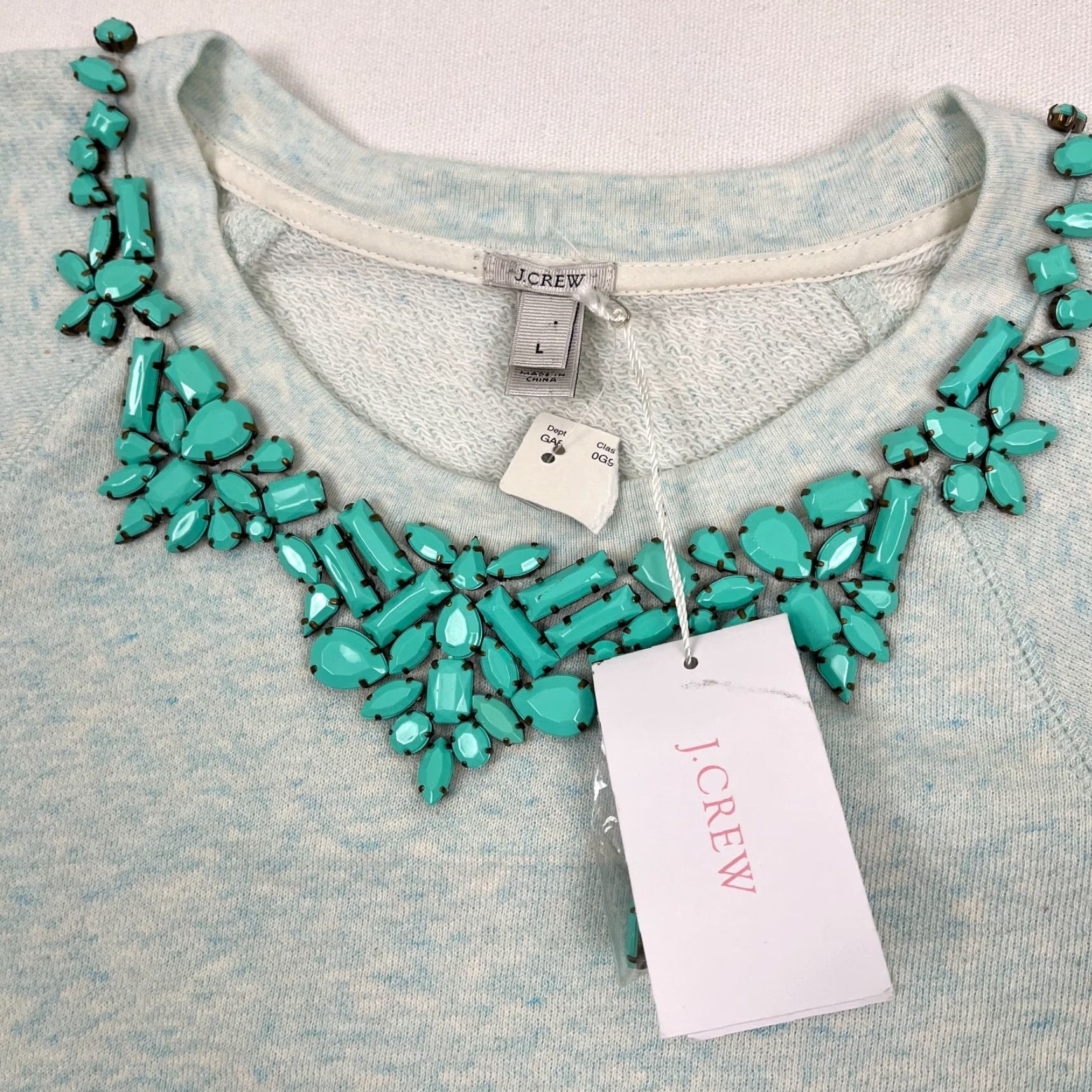 J.Crew J.CREW Sweatshirt Womens L Green Pullover Crew Neck Terry Beaded Necklace Statement NEW Size L / US 10 / IT 46 - 2 Thumbnail