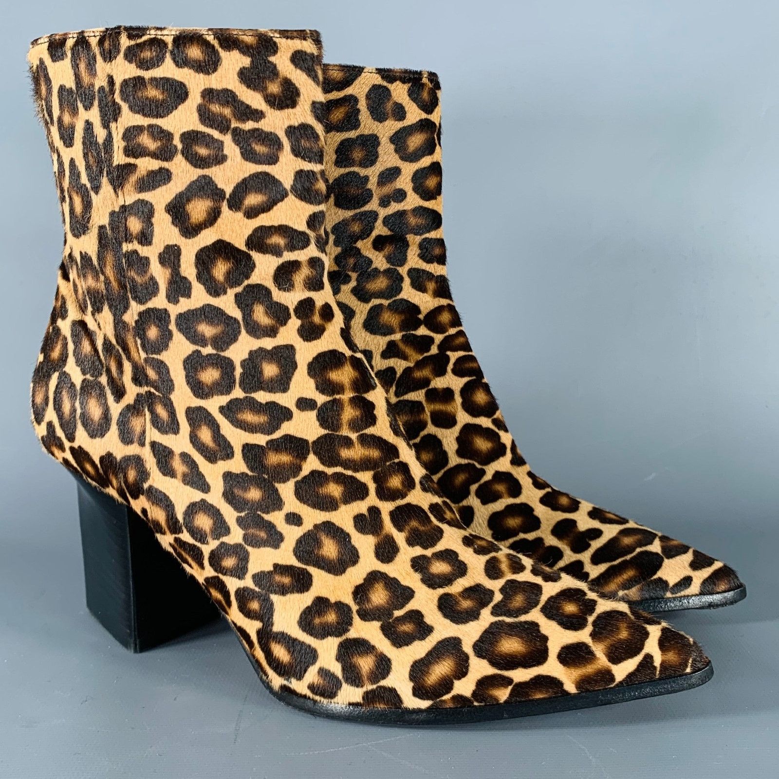 Brown Beige Animal Print Calf Hair Chunky Heel Boots