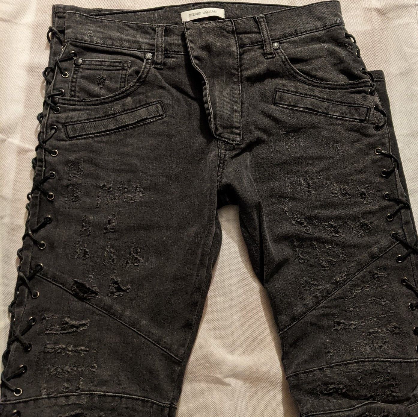 image of Pierre Balmain Laced Distressed Jeans in Grey, Men's (Size 30)