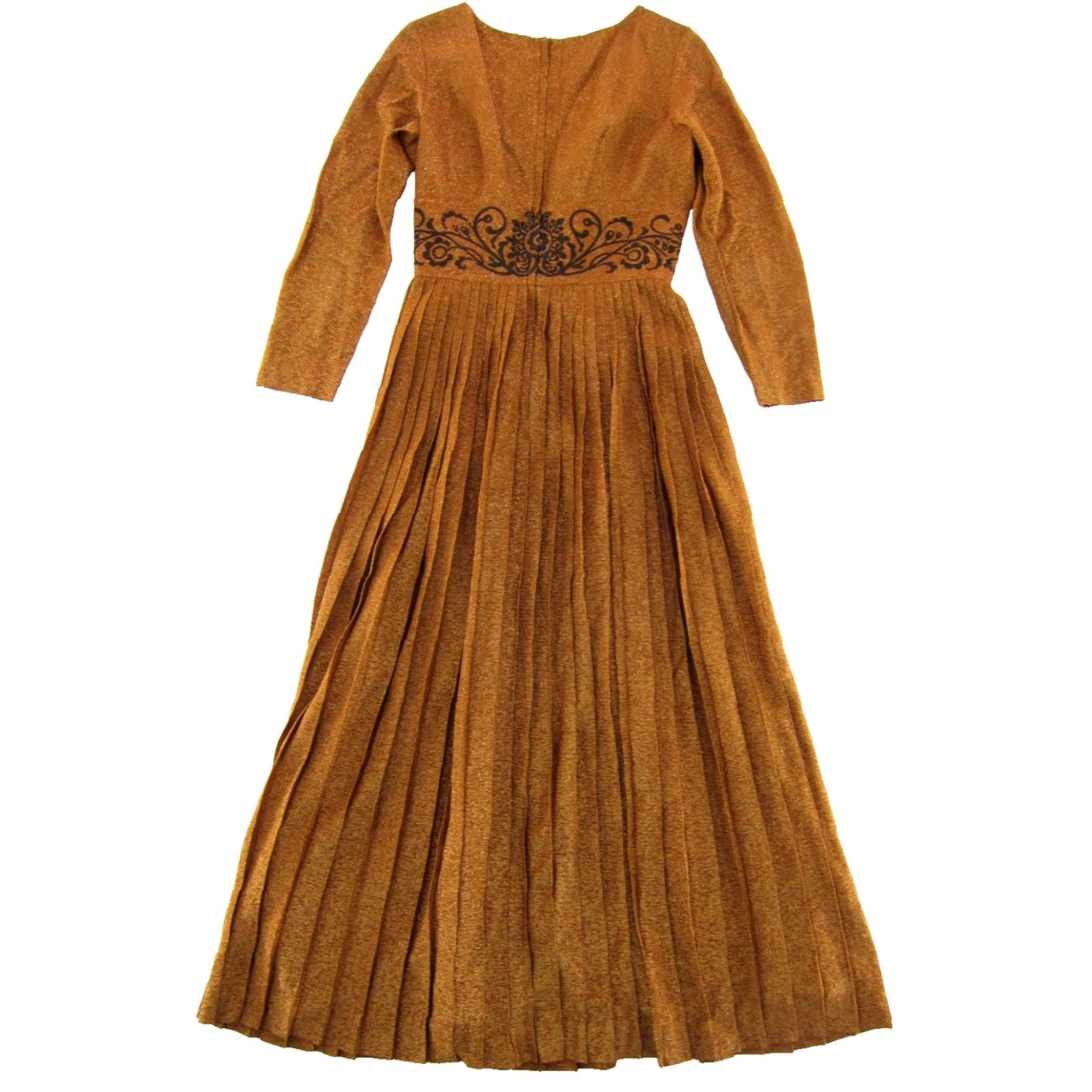 Vintage VTG Alfred Shaheen Gown Dress Long Sleeve Bronze Metallic Gold Pleated Vintage 1960's 10 Women Dress Size L / US 10 / IT 46 - 2 Thumbnail