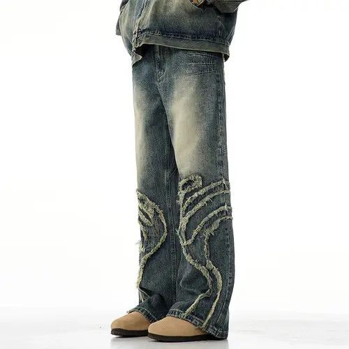 Jean Vintage Blue Graphic Splicing Baggy Jeans Size US 33 - 1 Thumbnail