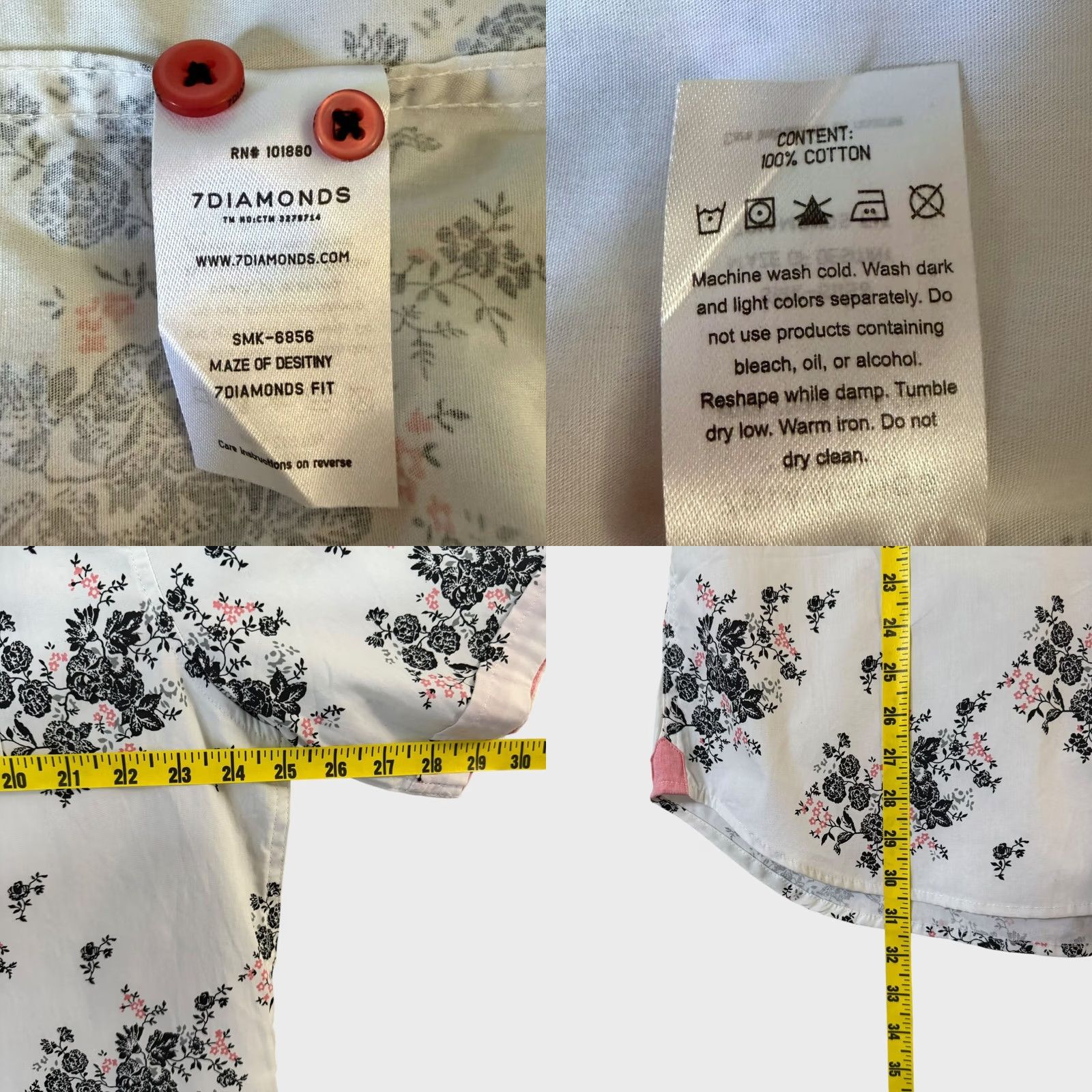 Vintage 7 Diamonds Floral Button-Down Dress Shirt White 2XL Men's Button-Up Cotton Casual Business Holiday Party/Cocktail Pockets New Size 48R - 9 Thumbnail