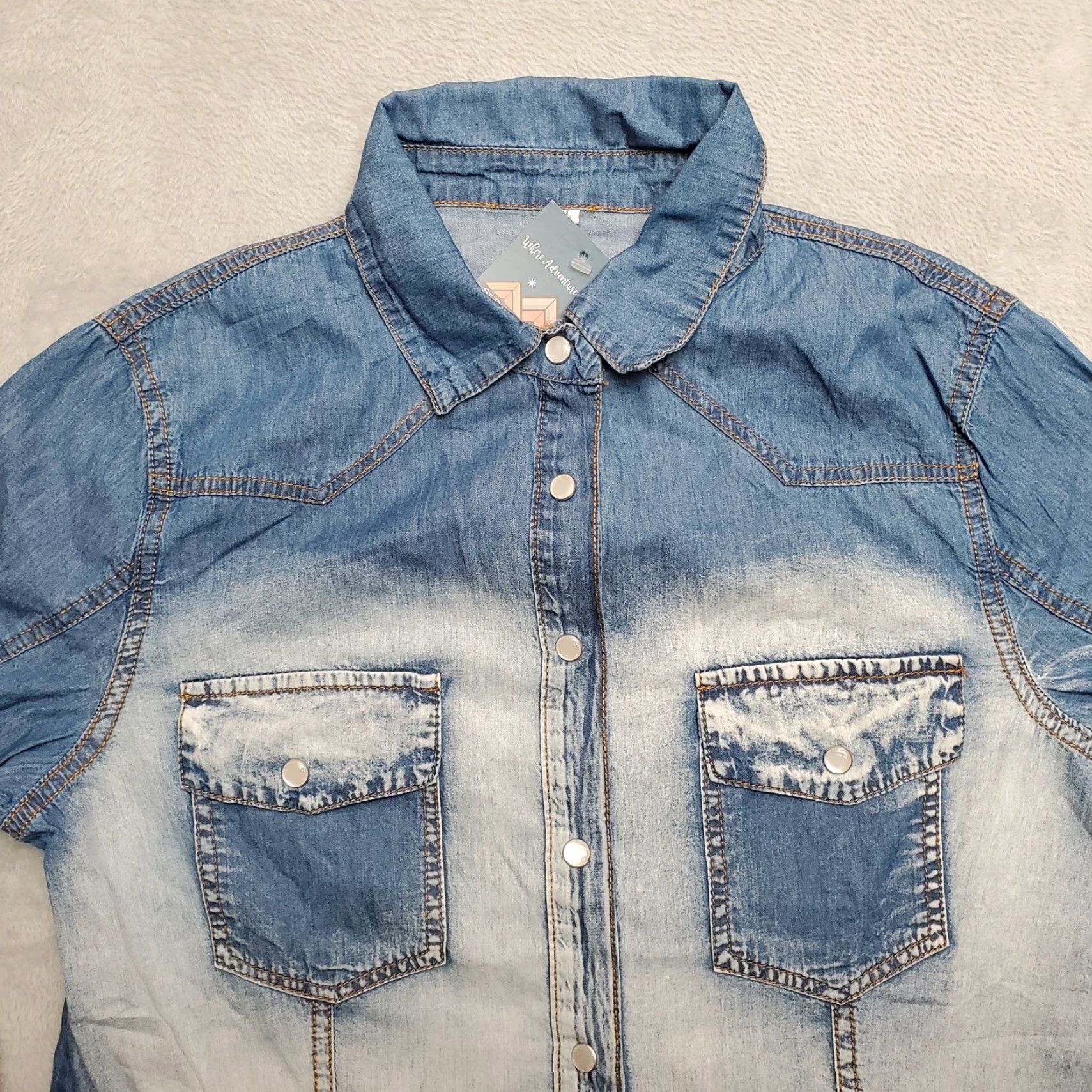 Denime VINTAGE Denim Acid Wash Shirt Women XL Blue 100% Cotton Long Sleeve Pearl Snap Size XL / US 12-14 / IT 48-50 - 2 Thumbnail