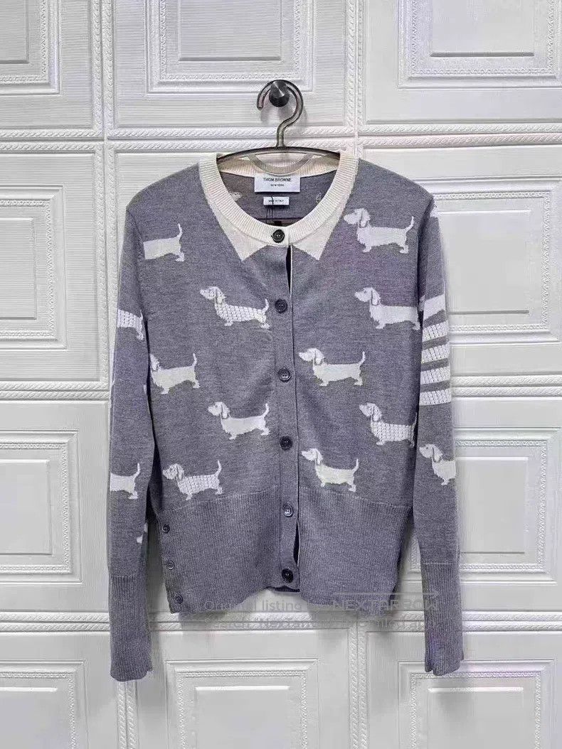 Thom Browne Light Gray Dog Pattern Knit Sweater Wool Cardi