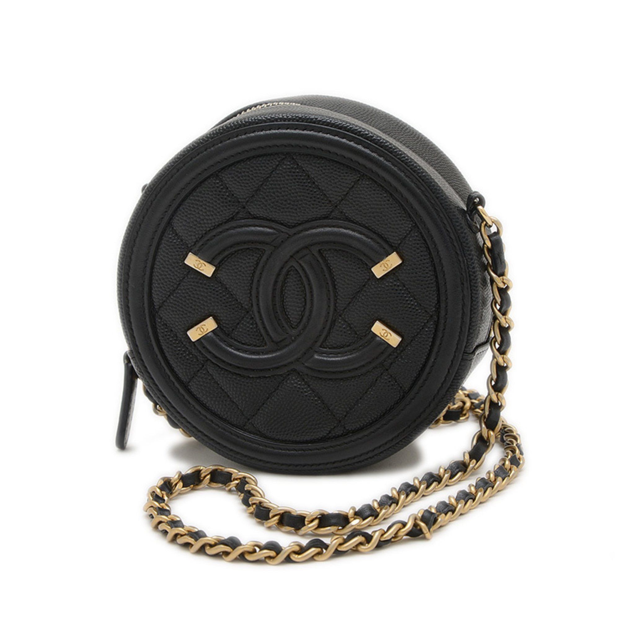 Chanel Cc Filigree Round Chain Shoulder Bag Caviar Black Gold Hardware Ap0365, Women's