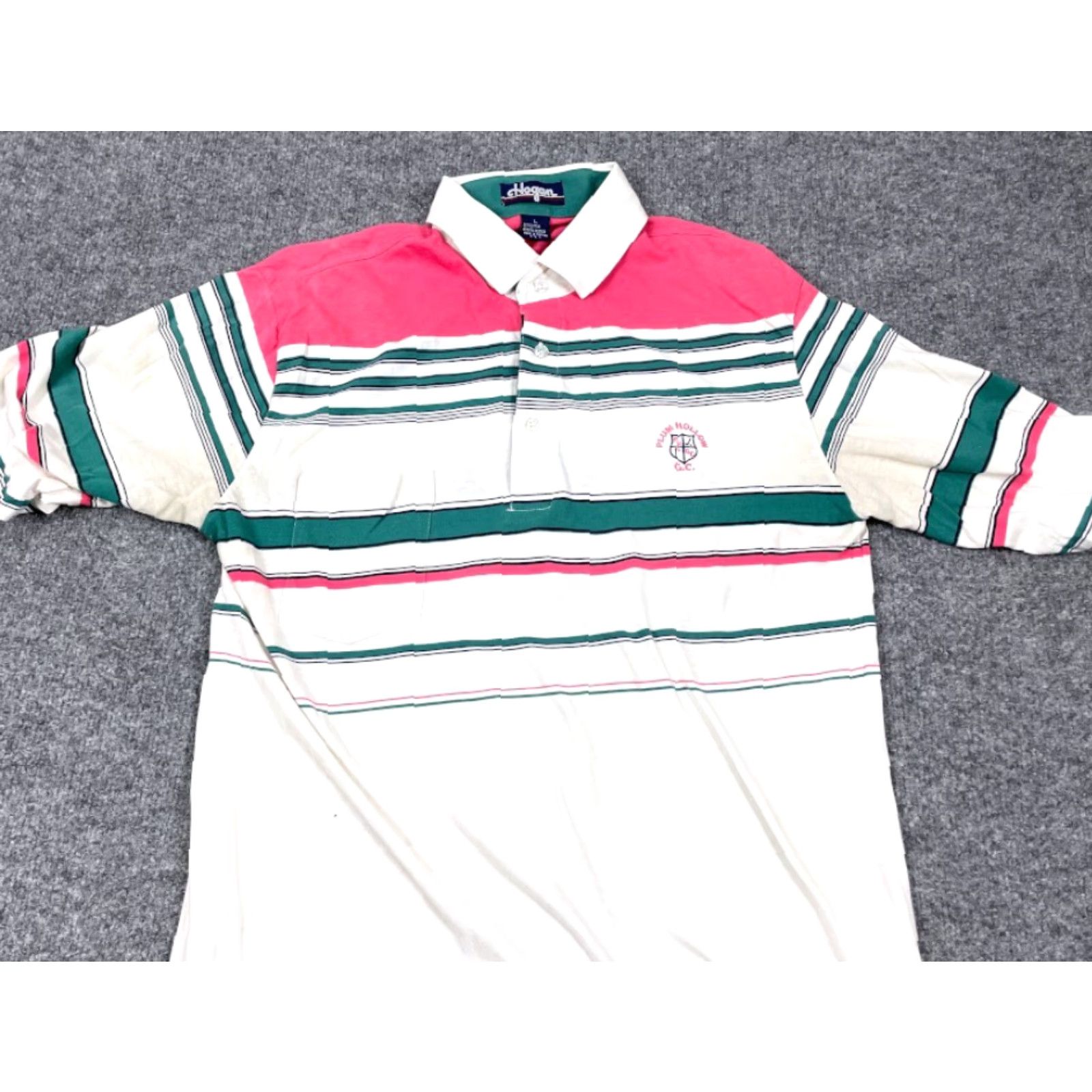 Hogan VTG Yes Hogan Plum Hollow Country Club Polo Shirt Adult Large White Pink Striped Thin 90s Vintage Striped Collared Short Sleeve Polo Shirt Size US L / EU 52-54 / 3 - 5 Thumbnail