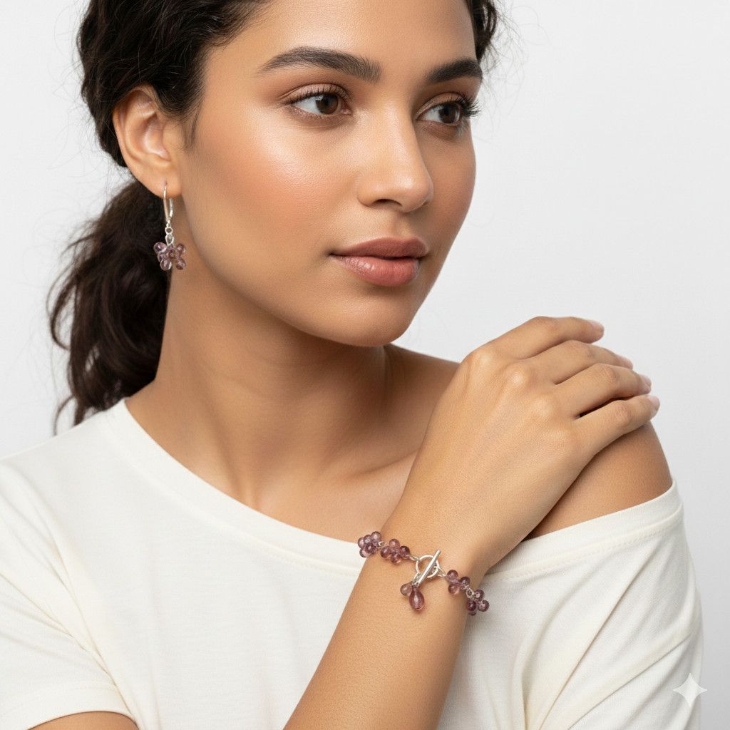 Other Bracelet & Earrings NEW Rhodium Plated Purple Glass Teardrop Size ONE SIZE - 3 Thumbnail