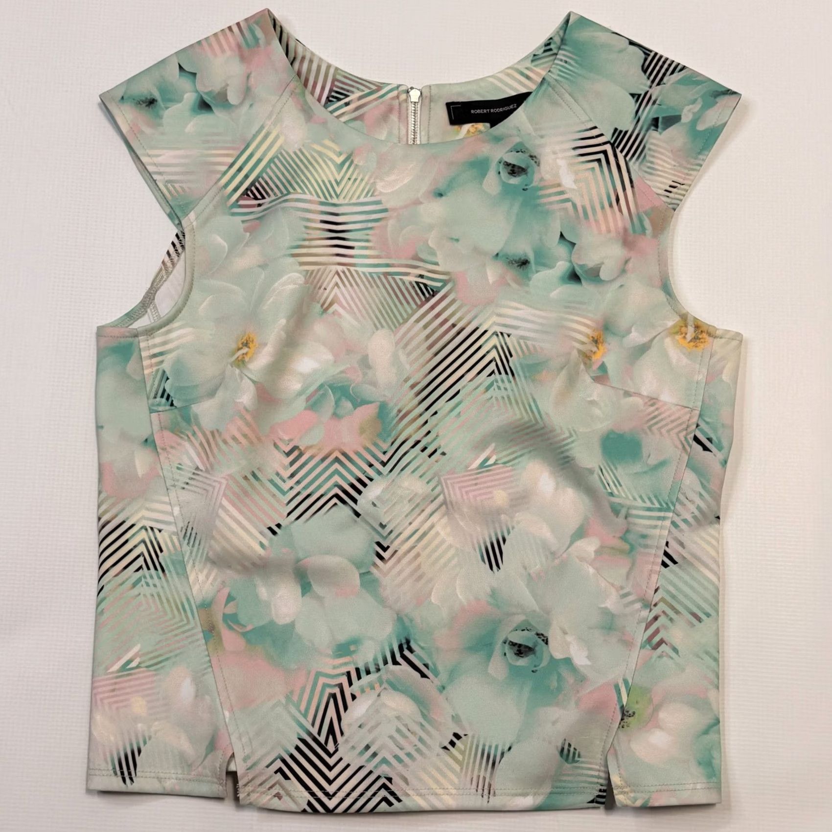 Robert Rodriguez Robert Rodriguez Blouse Womens Medium Green Floral Geometric Zip Sleeveless Top Size M / US 6-8 / IT 42-44 - 4 Thumbnail