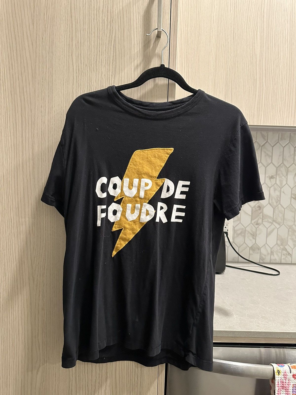image of French Connection Coup De Foudre T-Shirt Lightning Bolt in Black White Yellow, Men's (Size Medium)