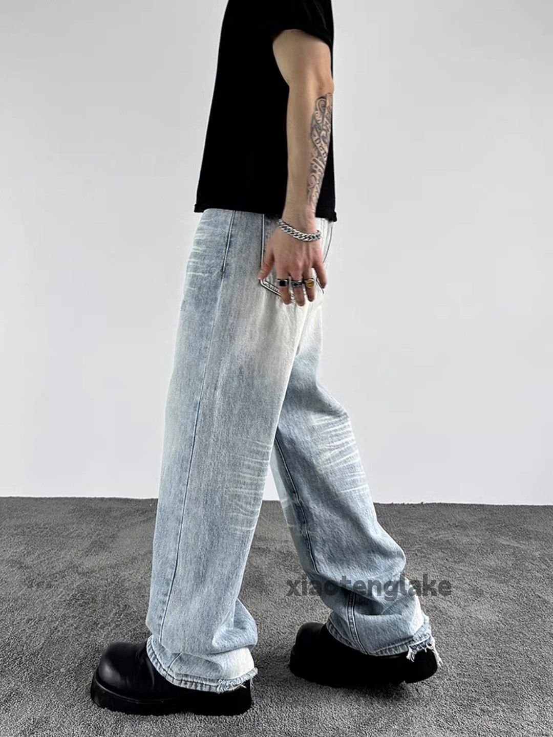 Jean Unisex washed faded loose baggy skate hiphop pants Size US 32 / EU 48 - 1 Thumbnail