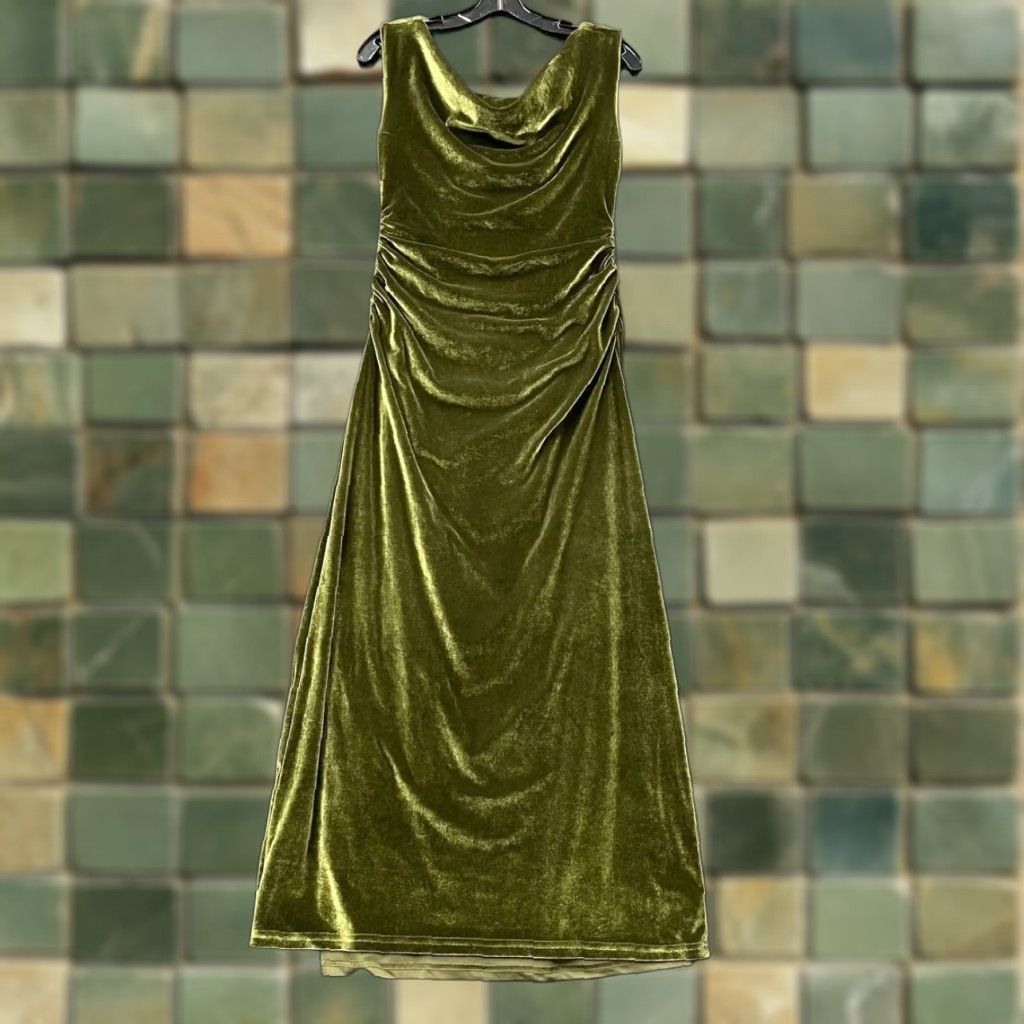 slim fit dress slacks Carella Bottle Green Velvet Twisted Asymmetric Midi Dress – Club L London main image 0