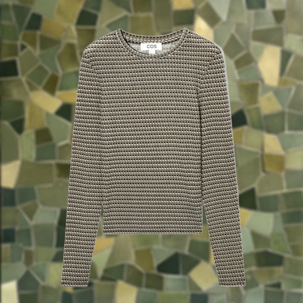 Cos VINTAGE Cos Second Skin Long Sleeve Top Black and Cream Geo Grid Print XS Women T-Shirt Geometric Long Sleeve Slim Fit Lyocell and elastane Mens? Size XS / US 0-2 / IT 36-38 - 1 Thumbnail