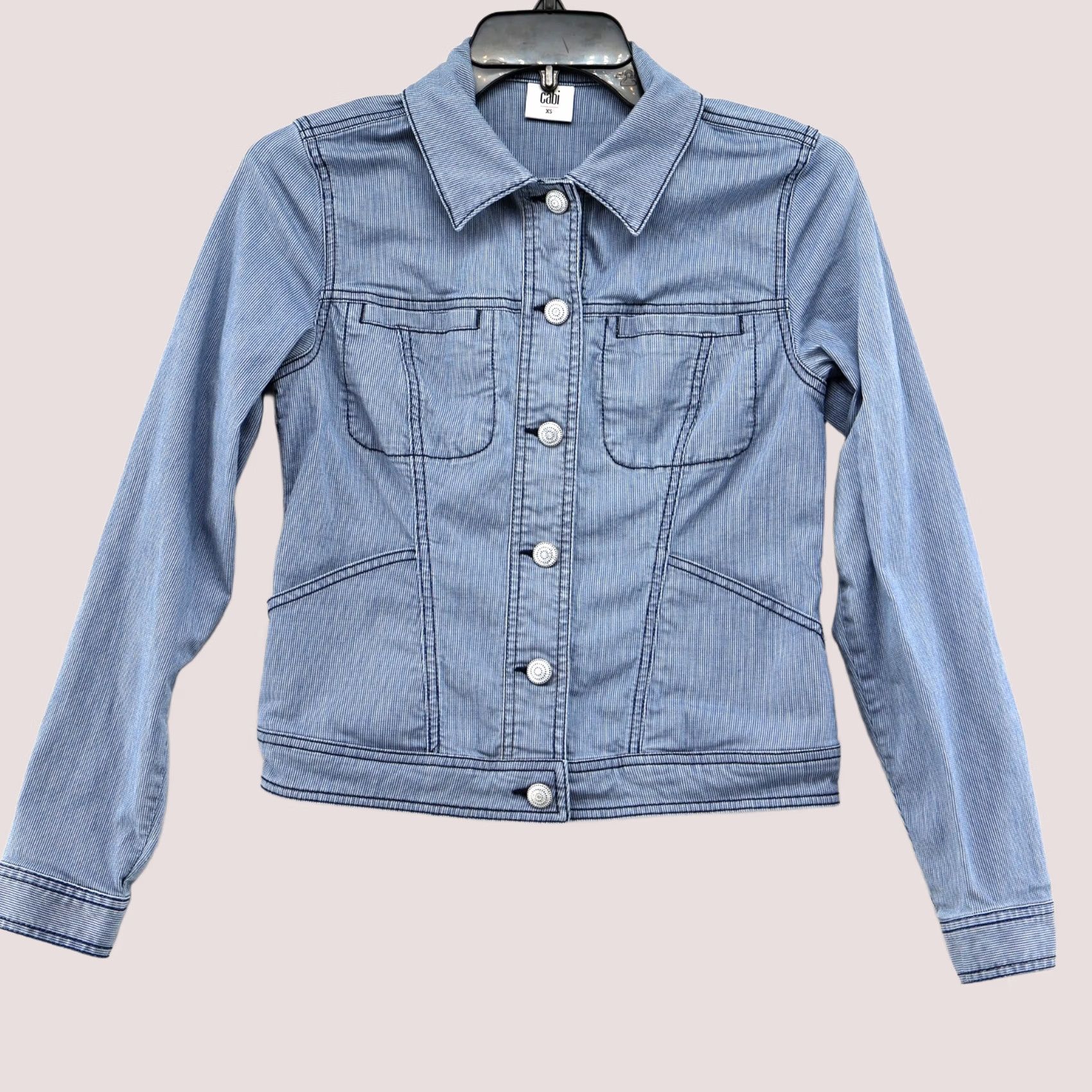 Vintage CAbi Stretch Trucker Jacket Womens XS Blue & White Striped Decorative Buttons Size XS / US 0-2 / IT 36-38 - 1 Thumbnail