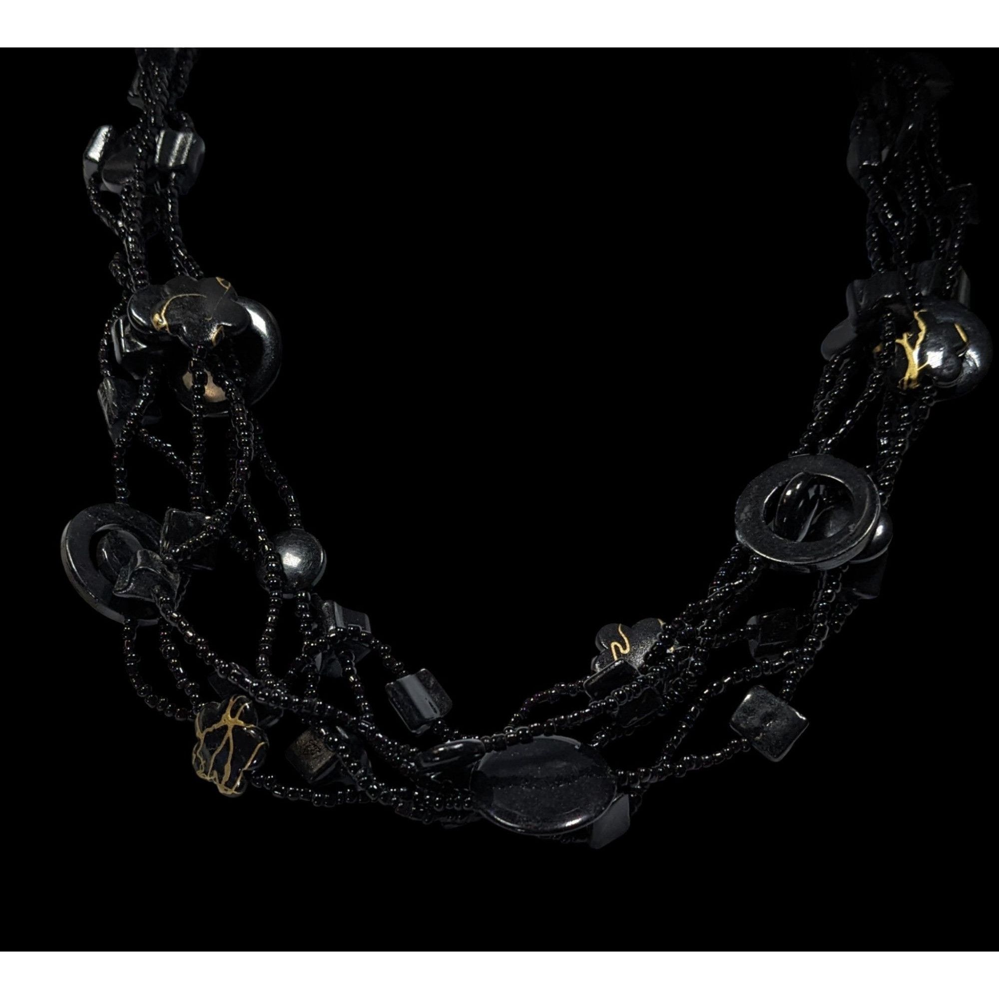 Other Multistrand Black Beaded Artisan Necklace With Geometric Sto Size ONE SIZE - 4 Thumbnail
