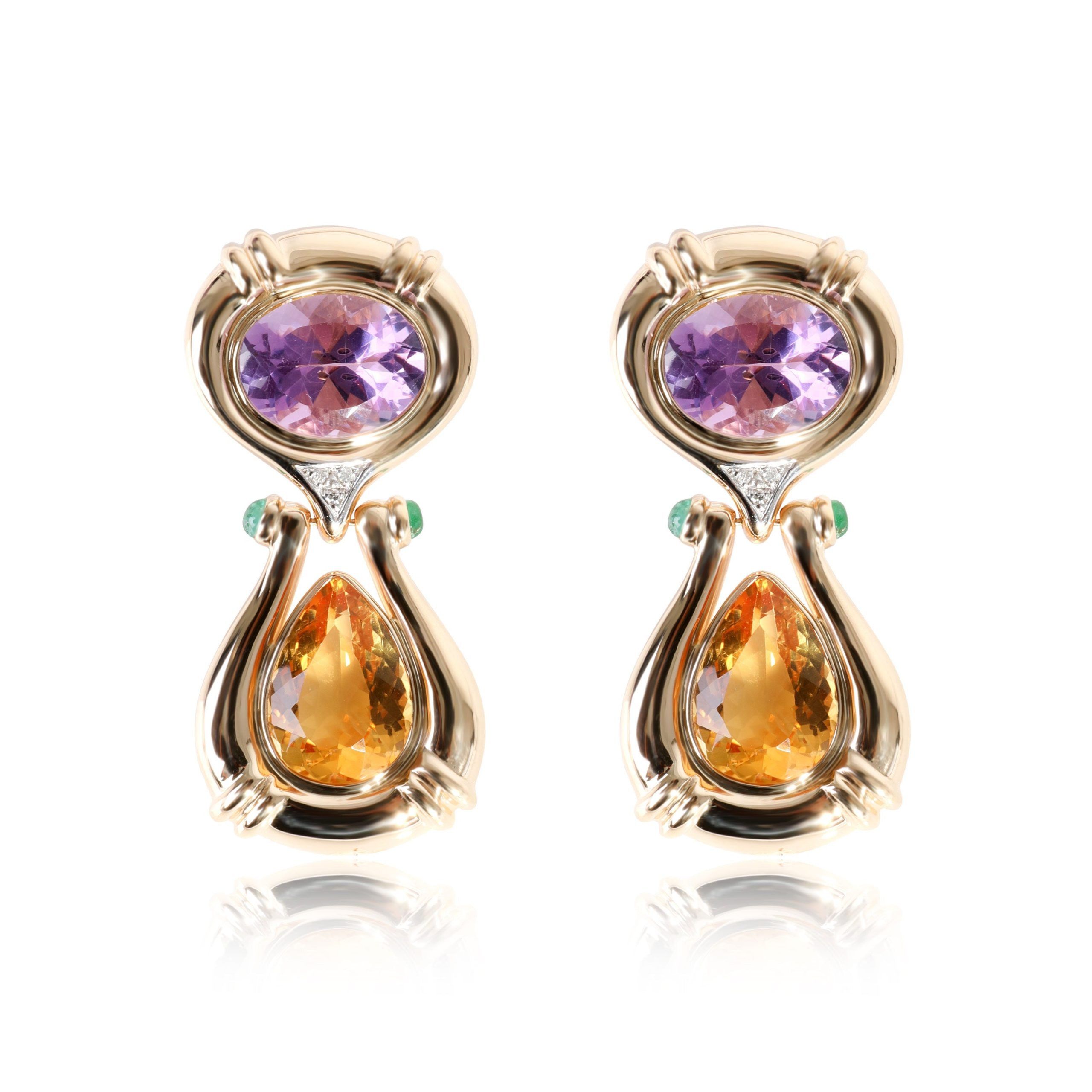 image of Marina B. Vintage Diamond, Amethyst, Emerald & Citrine Gold Drop Earrings in Yellow, Women's