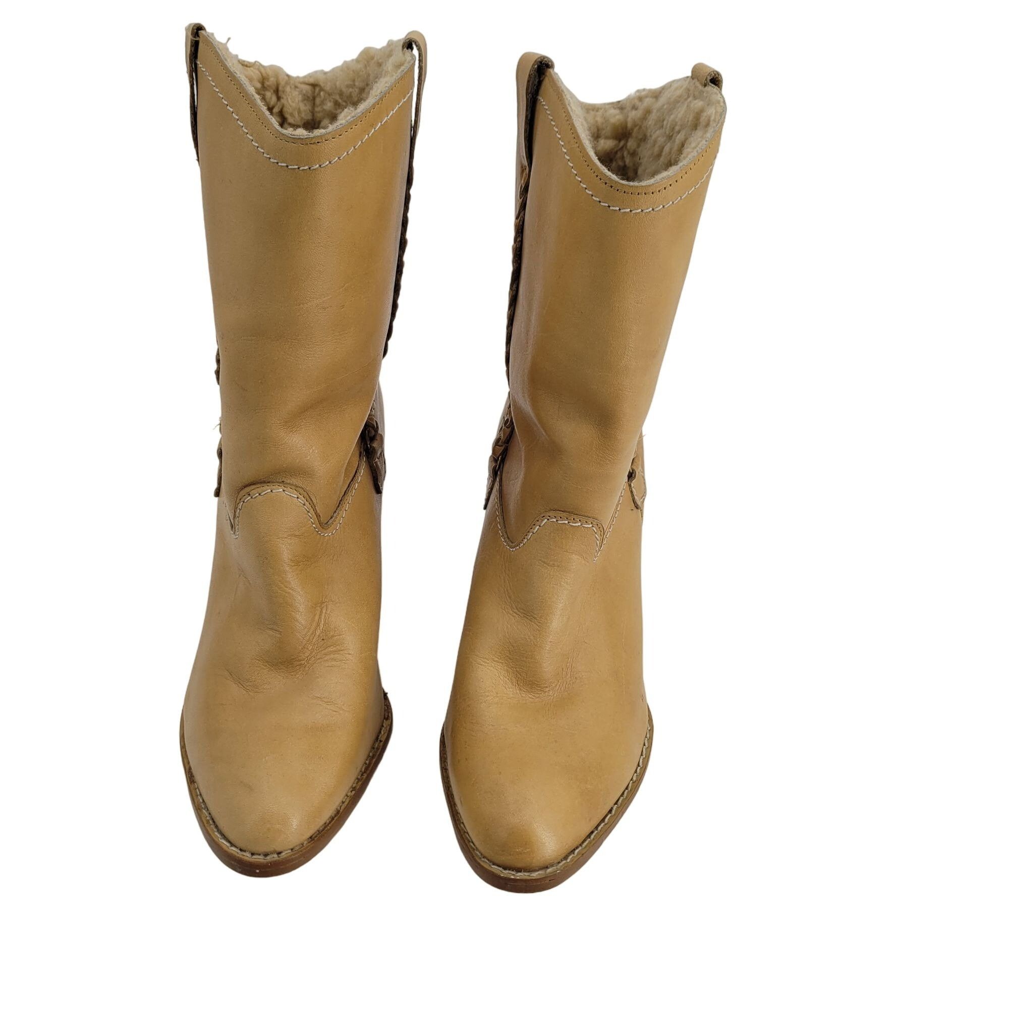 Vintage Vintage 70's Leather Western Boots 7.5 Tan Stacked Wood Heel Size US 7.5 / IT 37.5 - 2 Thumbnail