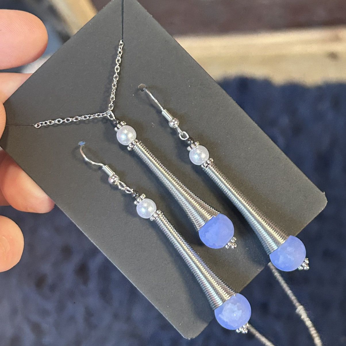 Handmade Handcrafted periwinkle crackle glass silver coil set Size ONE SIZE - 1 Thumbnail