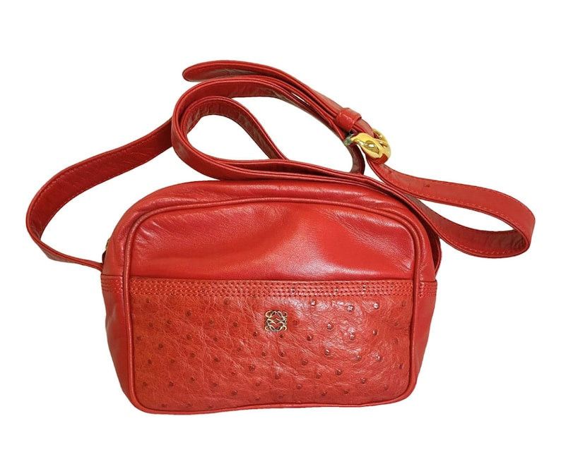 image of Vintage Loewe Red Genuine Ostrich And Nappa Leather Bag Style Shoulder Bag With Metal Logo Motif. M