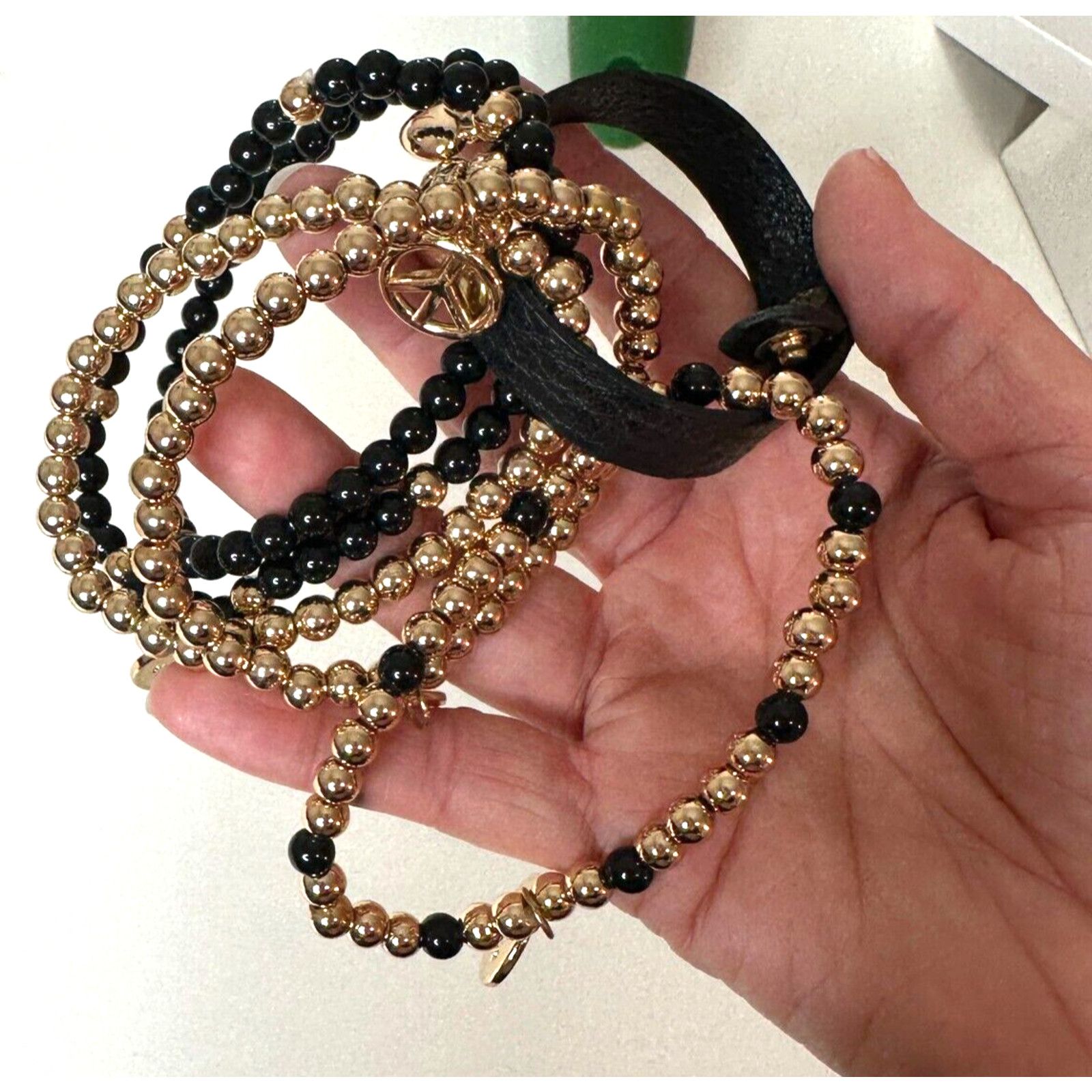 Macys Macy's Black & Gold Skull Heart Peace Bead Leather Bracelet Size ONE SIZE - 8 Thumbnail