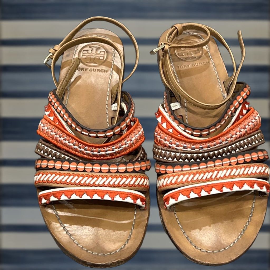 Tory Burch TORY BURCH Limited Edition Black Leather Flip Flop Sandals Women Size 8.5 - Beaded, Embroidered, Casual, Summer, Disco Theme Size US 8.5 / IT 38.5 - 1 Thumbnail