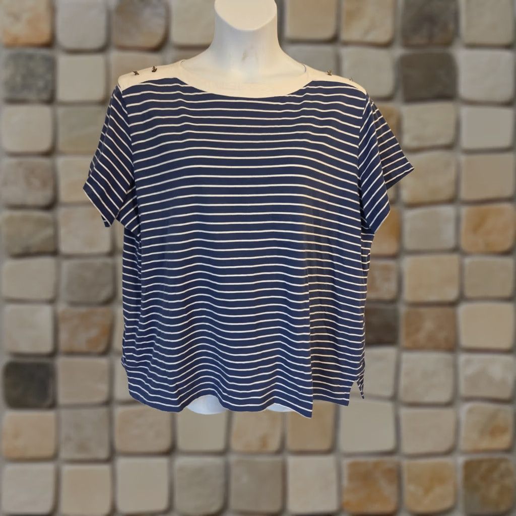 Vintage Chic Comfort Collection Shirt Blue Nautical Stripe Short Sleeve Casual Top 3X Size XXL / US 16-18 / IT 52-54 - 1 Thumbnail