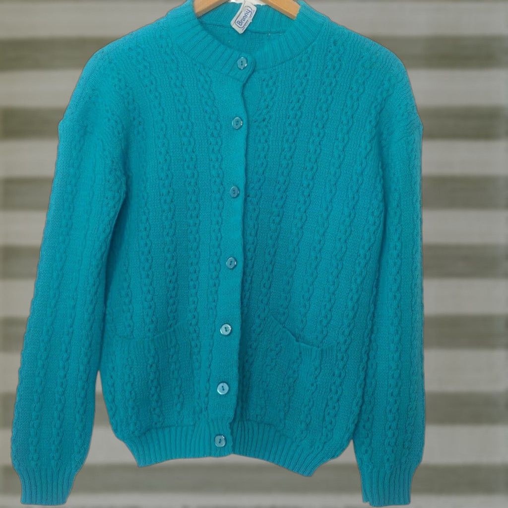 AQUA VINTAGE Brunny Cardigan Sweater Women L Aqua Blue Cable Knit Granny Licensed Size L / US 10 / IT 46 - 1 Thumbnail